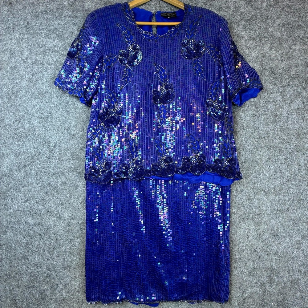 VTG Royal Feelings Top & Skirt Set Womens Medium Blue Sequin Beaded MOB Evening